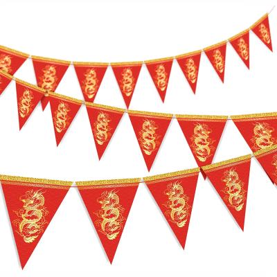 China 12pcs Chinese New Year PAPER Pennant Bunting Banner Dragon New Year Flag Pre-Assembled Garland 2022 Spring Party Red Triangle Chines for sale