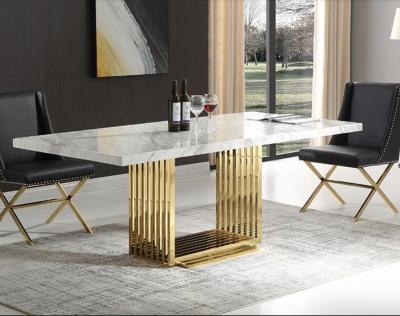 China Steel Frame (Other) Adjustable Gold Chipboard Stone Top Dining Table For 6 Person for sale