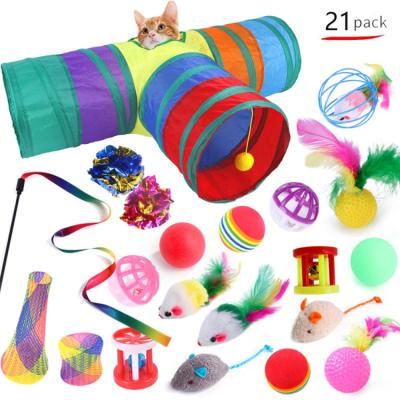 China Cat Scratching Feather 21pcs Interactive Colorful Collapsible Cat Tunnel Stocked Toys Set for sale