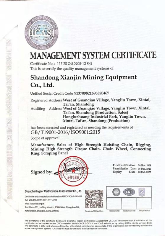 ISO9001 - Shandong XianJin Mining Equipment Co., Ltd.