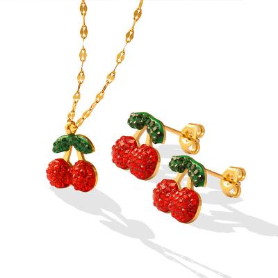 China Lead Free Cherry 18k Nickel Free Gold Plated Stainless Steel Earrings Necklace Jewelry Sets For Girls for sale