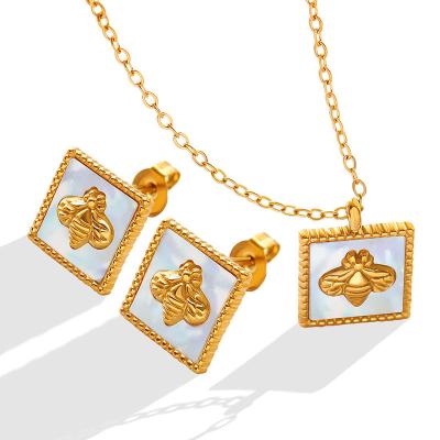 China White Square Nickel Free Lead Free Sea Shells Stainless Steel Bee Necklace 18K Gold Plated Jewelry Sets For Women for sale