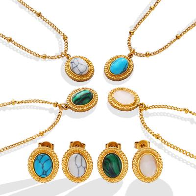 China Natural Bohemian Style Turquoise Opal Inlaid Earring And Necklace Stainless Steel Jewelry Lead Free Nickel Set For Women for sale