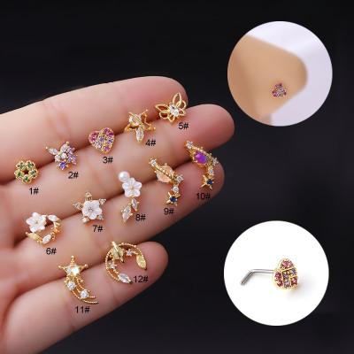 China Fashionable Body Jewelry 12 Set Colored Zircon 316L Stainless Steel L Rod Heart Piercing Nose Studs For Girls for sale