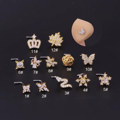 China New Fashion TRENDY Nose Studs 316l Stainless Steel Jewelry Zircon Butterfly Flower Piercing Crown L Rod Nose Stud For Women for sale