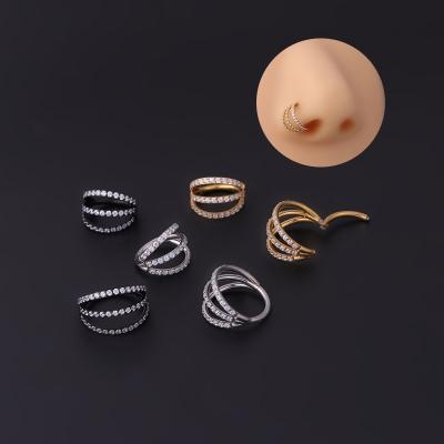 China TRENDY High Quality Statement Three Rows Zircon Clip Fashion Piercing Jewelry On Pierced Nose Rings For Girls for sale