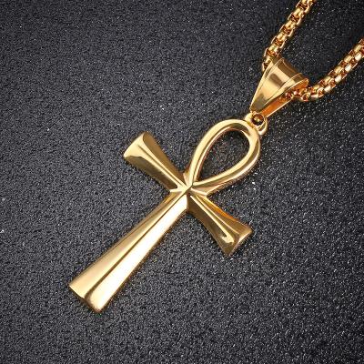 China Religious Fashion Minimalist 18k Gold Plated Stainless Steel Egypt Cross Ankh Pendant Necklace For Man for sale