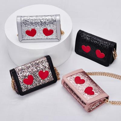 China Fashoion New Heart Printed Glitter Chain Chain Sequined Shoulder Wallet Bag Fashion Kids Children Little Girl Handbag Squeeze Square Coin Purse for sale