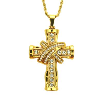 China Comfort Fit Fashion Party Luxury Male Casual Diamond Hip Hop Stereoscopic Gold Filled Polished Embossed Cross Pendant Necklace For Men for sale