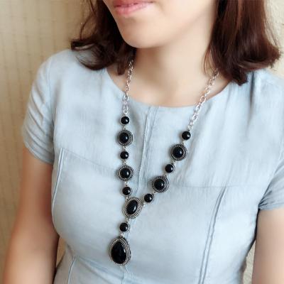 China Stone Female Black Green Vintage Necklace Water Drop Turquoise Chain Sweater Party Gift Winter Long Retro Comfort Fit New Autumn Necklace for sale