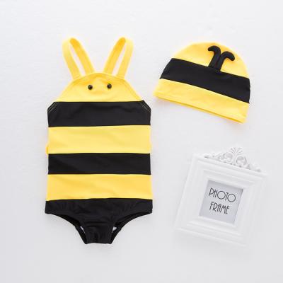 China Best Children's Swimwear Children's Swimwear Bee Swimwear Strap 2 Romper Sets Breathable One Piece Striped Bikini Jumpsuit With Hat for sale