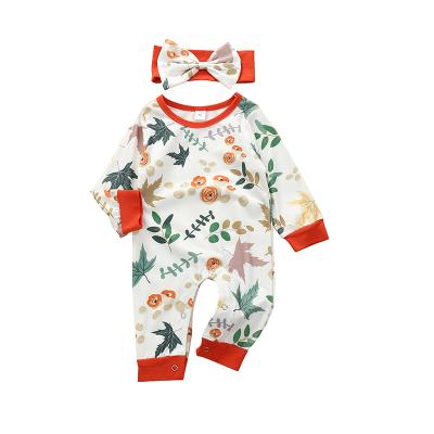 China Breathable Fashion Luxury New Maple Leaf Printed Long Sleeves Long Pants Headwear Sweatshirt Girls One Piece Romper For Kids Children Boys for sale