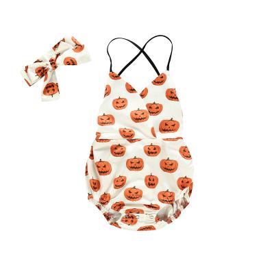 China Substantial Eco-Friendly Washable Breathable Infants And Toddlers Wear Sleeveless Costume Halloween Girls Pumpkin Print Hallow Bow Tiara 2 Sets Factory Baby Romper Set for sale