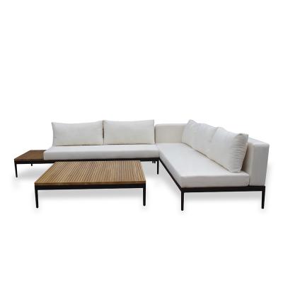 China Modern Outdoor Sofa Set Patio Furniture Garden Sofa With Teak Table Top Wood Outdoor Waterproof Sofa Set for sale