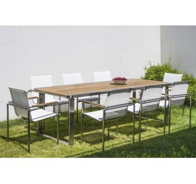 China Modern 5 Star Hotel Outdoor Stainless Steel Frame Garden Long Table And Chair Dining Furniture Set for sale