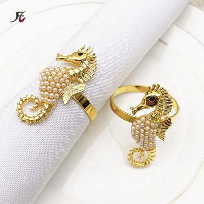 China Viable Gold Metal Pearl Napkin Rings Seahorse for Beach Dinners Weddings Birthdays Family Gatherings Table Decor Napkin Holder for sale