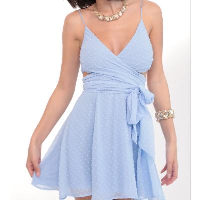 China 2020 Summer Women's Anti-wrinkle Sleeveless Dress Front Tie Bow Strap Slip Dress Flare Midi Dress for sale