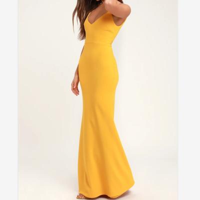 China 2020 Deep V-Neckline Women's Elegant Yellow Sleeveless Anti-wrinkle Bodycon Maxi Dress Trumpet Flared Dress for sale