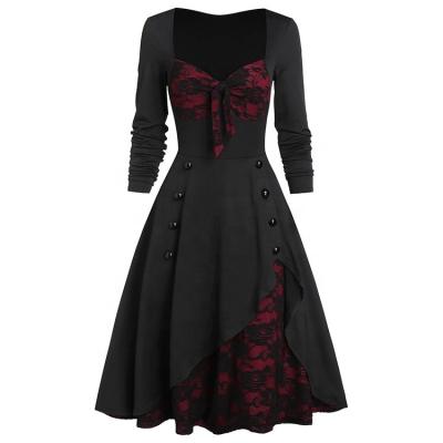 China Washable Fashion Dresses 2020 Women Clothing Women Black Winter Wine Red Lace Contrast Tie Front Long Sleeve A Line Dresses for sale