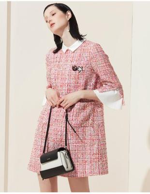 China Fashion 3/4 Sleeves Anti-Static Shirt Straight Collare Dress Women Shape Winter Tweed Shift Dress for sale