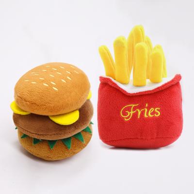 China Sustainable Bite Resistant Plush Custom Interactive Burgers Fries Squeaky Pet Chew Dog Toys for sale