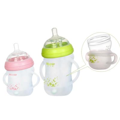 China BPA Free Curved Neck Glass Baby Feeding Bottle With Silicone Coating for sale