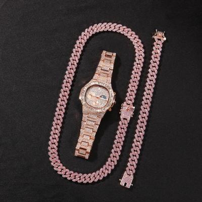 China Hip Hop CLASSIC High Quality Men's Cuban Diamond Chain Necklace Bracelet Watch Jewelry Set for sale