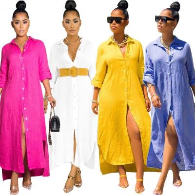 China Breathable Fashion Hot Pure Color Plus Size Loose Sexy Shirt Long Sleeve Dress Autumn Casual Outfits for sale