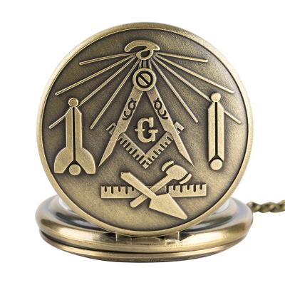 China Freemasonry Chrome Antique Bronze Masonic Square and Compass Mason Quartz Pocket Watch for sale