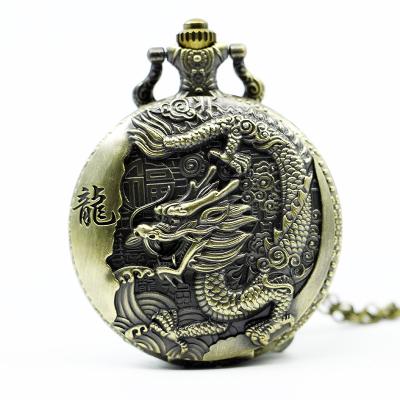 China Dragon Design Quartz Pocket Watch Antique Bronze Chain Necklace Chinese Style Vintage Best Gift for sale