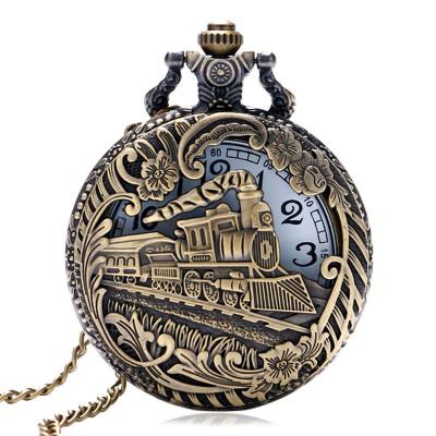 China Antique Train Locomotive Model Cavity Cover Design Pocket Watch Necklace Pendant Chain Gifts Clock for sale