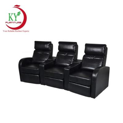 China JKY Eco-Friendly Furniture Black Leatherette 3-Seat Home Theater Recliner Sofa Lounge With Cup Holder for sale