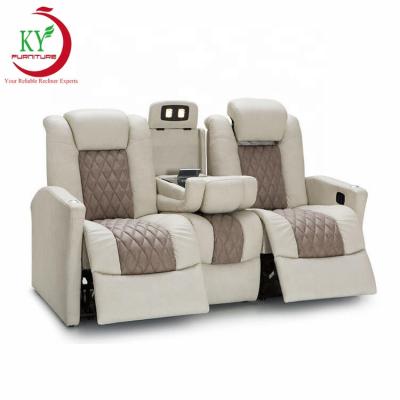 China (Height)JKY Furniture Moden Adjustable Lounge RV Loveseat Recliner With Console And Adjustable Table Stand for sale