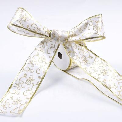 China High Tenacity 2.5 Inch Gold Gift Ribbon Flower Wrapping Ribbon With Metal Wire Edge Bow DIY Christmas Tree Pendant for sale