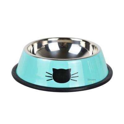 China Wholesale Cheap Cat Bowl Round Cartoon Printed Cat Bowl Stainless Steel Non-slip Pet Feeding Bowl Viable Factory for sale