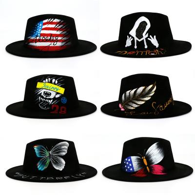 China Plush Panama Fadora Felt Hat Hand Graffiti Womens Painted Brim Fedora Hats for sale