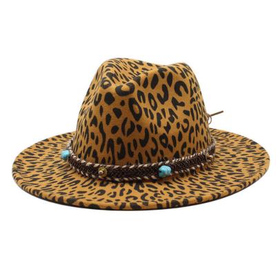 China Plush Leopard Print Brim Wool Fedora Wide Fedora Hats For Women Men Party Music Festival Fashion Fedora Hats for sale