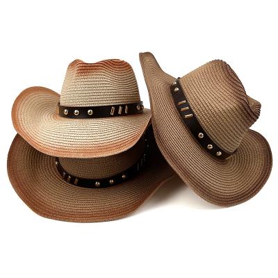 China New Straw Cowboy Hat Leather Belt Band Picture Edge Shapeable Beach Paper Cowboy Hat With Adjustable Windproof String for sale