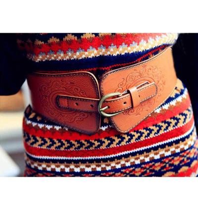 China Fashion Brand Designer New Retro Totem Belt Women Artificial Leather Fashionable Pin Buckle Wide Female Waist Decoration Ladies Waist Belt for sale