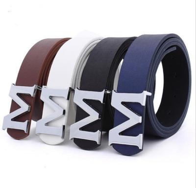 China Custom Genuine Leather Belt Men Women Eco-friendly Whip PU Leather Belt Designer Unisex M Letters Buckle Belt for sale