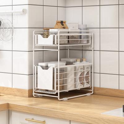 China Collapsible Type Kitchen Storage Racks Foldable Push-Pull Spice Double-Layer Rack Pull Out Drawer for sale