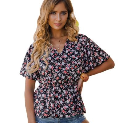 China 2021 New Arrival Viable Women's Empire Waist Top Printed V Neck Blouse Ladies Amazon Top Casual Hot Sale for sale