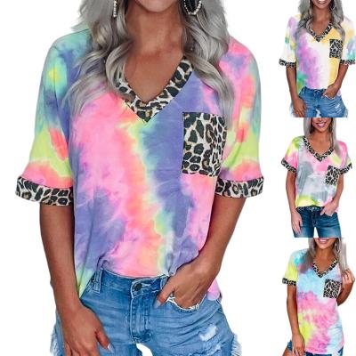 China 2021 QUICK DRY spring and summer hot sale women's tops tie-dye leopard print pocket v-neck pique short-sleeved T-shirt for sale