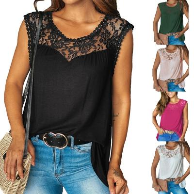 China 2021 viable new v-neck lace tank tops summer casual sleeveless shirts side split women plus size blouses and shirts fashion clothes for sale