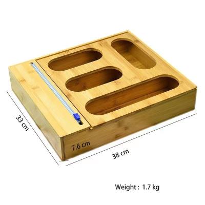 China Viable Wooden Ziplock Bag Storage Organizer With Aluminum Foil Organizer Wrap Dispenser With Cutter For Kitchen Drawer Bamboo Organizer for sale