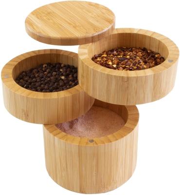 China Viable Triple Bamboo Salt Box Three Tier Bamboo Storage Box With Round Magnetic Pivot Salt Box Candy/Sugar/Salt Storage Jar With Lid for sale