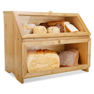 China Steamable Double Layer Bread Box Large For Kitchen Countertop Large Capacity Wooden Bread Storage Bin for sale