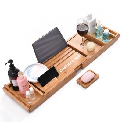 China Bamboo Tub Caddy With Extendable Sides Portable Natural Wooden Bathroom Bath Tub Tray Shower Caddy 100% Sustainable for sale