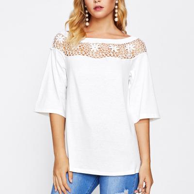 China Wholesale Anti-Wrinkle Women T-shirts Custom Hollow Out Crochet Lace Panel Boat Neck White Plain Cotton Tee for sale