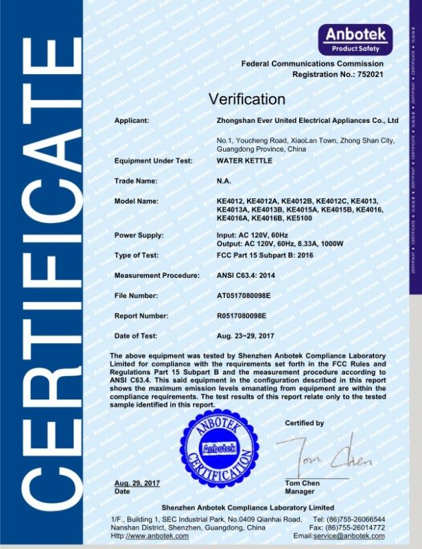 FCC - Zhongshan Ever United Electrical Appliances Co., Ltd.